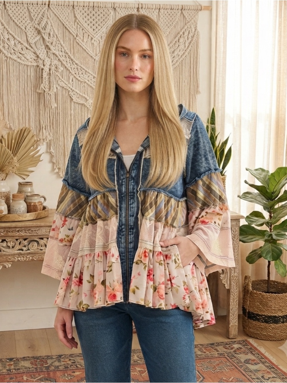 💕NEW! Oli  & Hali Denim Patchwork Floral Ruffle Jacket in Blue and Cream